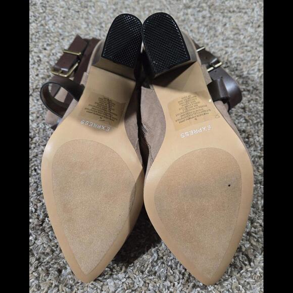Express Pointed Toe Open Back Tan High Heel Shoe Size 9 - Picture 9 of 12